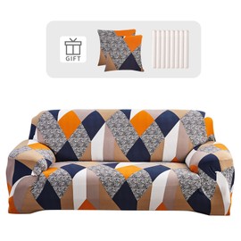 Lydevo Sofa Cover 2 Seater Stretch Sofa Cover Elastic Sofa Cover Spandex Sofa Cover with 2 Cushion Covers Non-Slip Washable Sofa Protection Cover Couch Geometric Orange