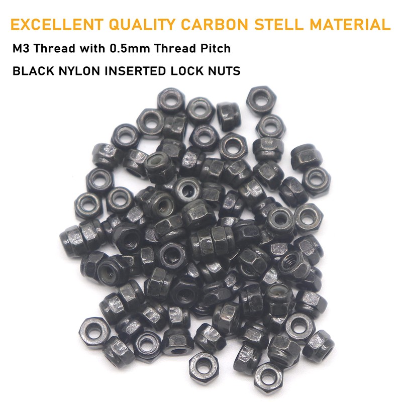 binifiMux 50Pcs M3-0.5mm Black Zinc Plated Nylon Lock Nuts Inserted