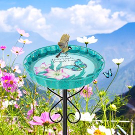 Venniy Metal Bird Bath for Outside Cyan Bird Baths for Outdoors Butterfly Pattern Metal Disc Birdbath Standing Bird Feeder for Garden,Patio,Lawn Decor