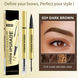 Eyebrow Pen​2-In-1, Waterproof Brow Pencil With Eyebrow Gel Natural, Eye Brow Pencil Hair-Like Strokes With 4-Fork Tip, For Women And Girls, Dark Brown