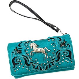 Justin West Horse Embroidery Studded Turquoise Stone Concealed Carry Handbag Purse Matching Wallet (Turquoise Wallet Only)
