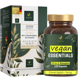 VITACTIV Vegan Essentials - 120 Capsules (4 Months), Vegan Supplements - All in One Complex with Vitamin B12, A, B1, B2, B3, B5, B6, B7, Iron, Calcium, Zinc, Selenium, Iodine - High Dose, from Germany