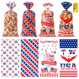 4th of July Cellophane Treat Bags, 120 PCS 4th of July Gift Bag, Patriotic Treat Bags, Plastic Red Blue and White Candy Cookie Goodie Snack Bag for Independence Day Fourth of July Party Favor Supplies