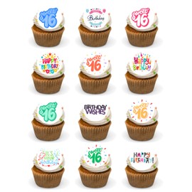 24 Precut Round 16th Birthday Sweet Sixteen Edible Premium Wafer Card Cupcake Toppers