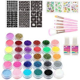 HEITIGN Glitter Tattoo Set 32 ​​Color Temporal Glitter Tattoo Kit de Maquillaje para Niños Adultos Body Glitter Art para Carnaval Fiesta de Cumpleaños