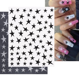 8 Sheets Star Nail Art Sticker 3D Shiny Glitters Starlight Nail Decals Holographic Irregular Pentagram Black White Pink Lase Stars Gold Design Decal Slider Nail Foil DIY Charms Manicure Decoration