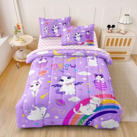 SIRDO Kids Bedding 5-Piece Cat Comforter Sets Twin Size, Purple Bedding Set for Teens Kids Girls Bed in a Bag Cute Room Decor