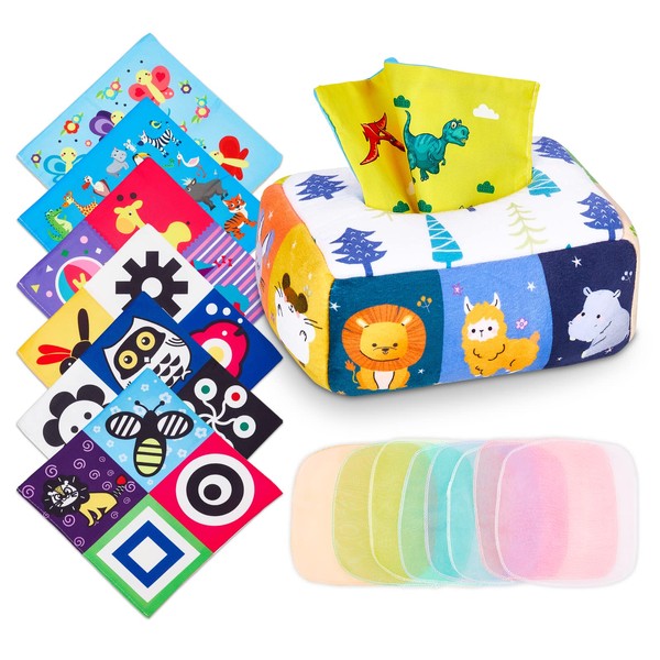 Januts Baby Tissue Box Toys Toddler Animals Montessori Sensory Toy for Autism with 6 Crinkle Tissue Papers and 8 Colorful Scarves Early Learning Fabric Educational Toys Preschool Gifts 6-12 Months