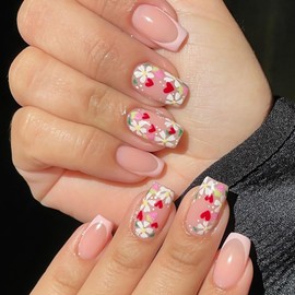 Tyuimhx White Flowers Press on Nails Square Short Fake Nails With Heart Strawberry Designs Pink French Tip False Nails Full Cover Stick on Nails Acrylic Artificial Nails for Women Girls Glue on Nails