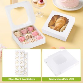 YODYZJ 20-Pack Bakery Boxes with Window, 8"x8"x2.5" White Treat Boxes for Dessert, Cookie, Chocolate Strawberry, Donut and Pastry