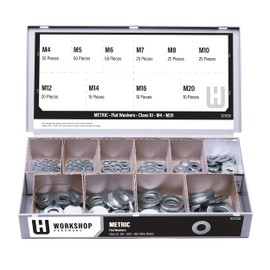 Workshop Hardware Fastener Assortment Kit, Metric Flat Washers Set, Regular, 280 Piece Variety, M4, M5, M6, M7. M8, M10, M12, M14, M16, M20 Diameters