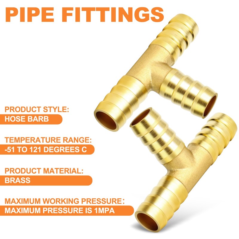 GASHER 5 pcs Brass Hose Barb Tee, 3-Way Tee Hose