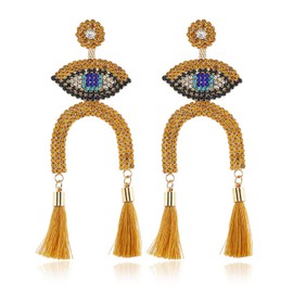 Evil Eye Tassel Earrings, Yellow Long Tassel Dangle Earrings for Women, Bohemian Beaded Eye Fringe Earrings, Eye Arched Statement Earrings Boho Jewelry, U Shape Eye Tassel Drop Earrings