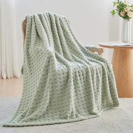 Wajade Fleece Throw Blanket, Fluffy Faux Fur Blanket for Bed Sofa Couch, Soft Warm Thick Blanket,waffle Sage Green-127X178