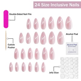 Almond Press on Nails Medium Length Fake Nails Glossy Light Pink False Nails Acrylic Nails Solid Color Full Cover Glue on Nails Cute Reusable False Nails for Women Girls Manicure Decor 24 Pcs
