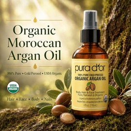 PURA D'OR (4 oz) Organic Moroccan Argan Oil 100% Pure Cold Pressed, USDA Certified Organic, All Natural Anti-Aging Moisturizer Treatment for Face, Hair, Skin & Nails, Men & Women (Packaging may vary)