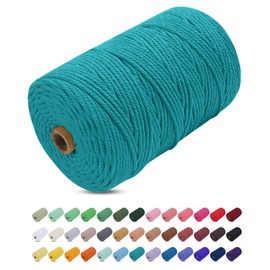 Uiopa Macrame Yarn Peacock Blue, 3 mm x 200 m Coloured Cotton Cord Cotton Rope Braided Cotton Yarn Cotton Cord, 4 Strands Macrame Yarn for Wall Hanging, Hanging Plant, DIY Boho Decoration