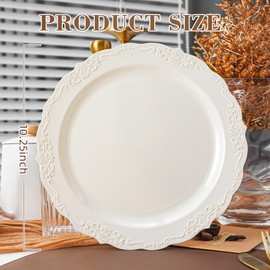 70 Pack 10in Ivory Plastic Dinner Plates, Disposable Round Fancy Plates