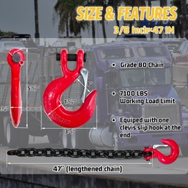 3/8" Trailer Safety Chains G80 Towing Chains with G70 Clevis Safety Hooks 47" Extra Length| 7100 lbs Safety Working Load 27000 lbs Break Strength| Heavy Duty Transport Chains (2 Pack-EP Black)