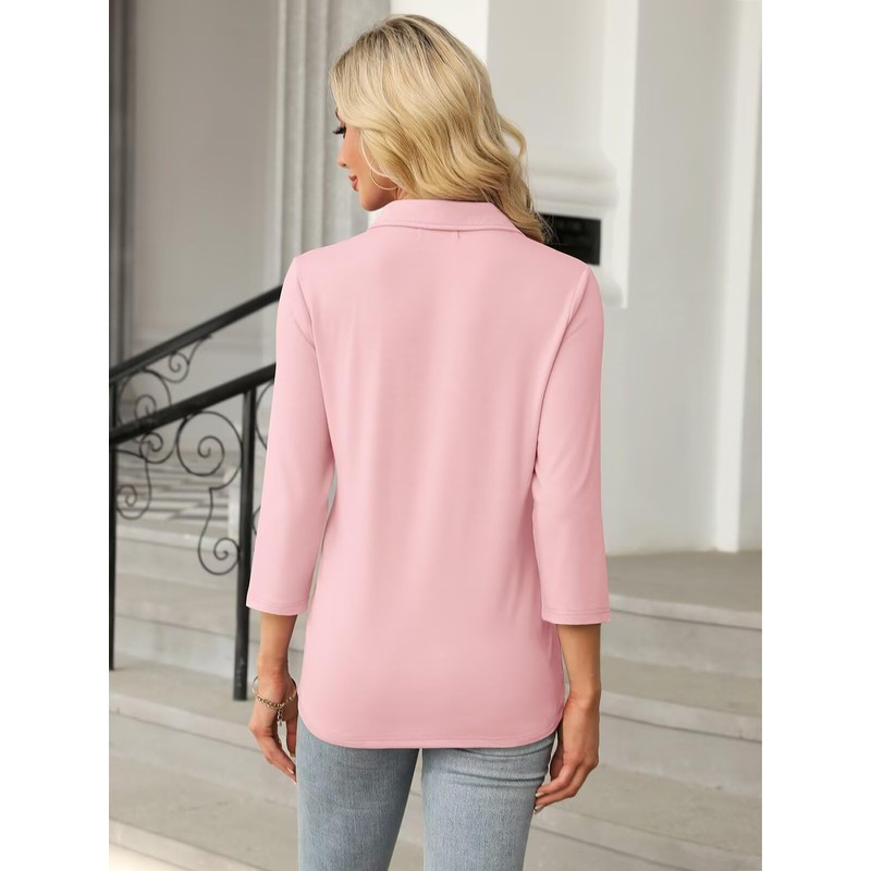 TICTICMISS Women's 3/4 Length Sleeve Tops Collared V Neck T