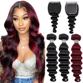 1b/99j Colored Human Hair Bundles with Closure Loose Deep Wave 16inch 18inch Balck 20inch 99j 3Bundles and 16inch Natural Black Closure for DIY Burgundy Highlighted Wig