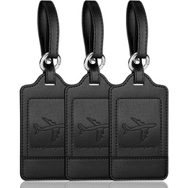 Teskyer Luggage Tags, 3 Pack PU Leather Luggage Tags for Suitcases, Privacy Protection Bag Tags Travel Essentials, Black