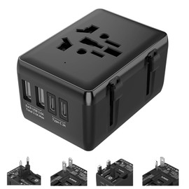 Universal International European EU,US,AU,UK Travel Power Plug Adapter,2 USB 2 Type-C 3.5A Small Size,Built-in Fuse,Worldwide Compatible MAX Load 1800w Black Color