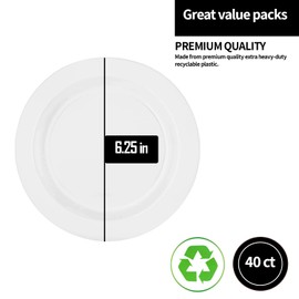 Premium Quality Heavyweight Plastic Plates China Like. Wedding and Party Dinnerware Plastic Plates 6.25 inc White/Pearl-Value Pack 40 Count