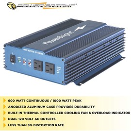 PowerBright 600 Watt Pure Sine Wave Power Inverter, 12 V DC to 120 V AC Car Inverter w/ Dual 120 Volt AC Outlets & Overload Indicator. Perfect for Camping, Emergency, Hurricane & Storm Outage