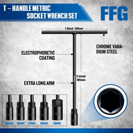 FFG T - Handle Metric Socket Wrench Set 6- Point (15mm, 16mm, 17mm, 18mm, 19mm) Cr-V Steel T Handle Wrench Hex Socket For Car Motorcycle Dirtbike Repair (5 Pack)