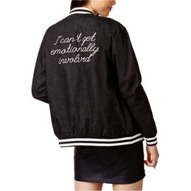 MP|D Women's Embroidered Denim Striped Varsity Slogan Jacket Black Size S
