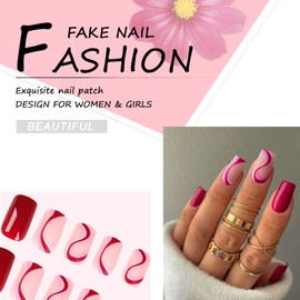 24Pcs French Press on Nails Short, Square Swirl Design False Nails Elegant Ballet Fake Nails with Glue Sticker Colorful Wave Glue on Nails for Women and Teen Girls