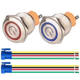 GUUZI Pack of 2 Locking Push Button Switch 1NO1NC Waterproof Stainless Steel Sheath 220V-230V/5A LED Ring Illuminated Switch with Cable Socket Plug Suitable for 22 mm Mounting Hole (Blue + Red)