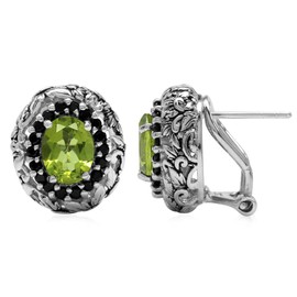 Silvershake Genuine Gemstone 925 Sterling Silver Vintage Style Art Nouveau Leaf Omega Clip Earrings, Sterling Silver, Peridot