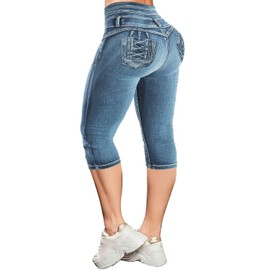 Flamingals Blue Skinny Jeans for Women Stretchy Mid Waist Butt Lifting Trendy Denim Capris L
