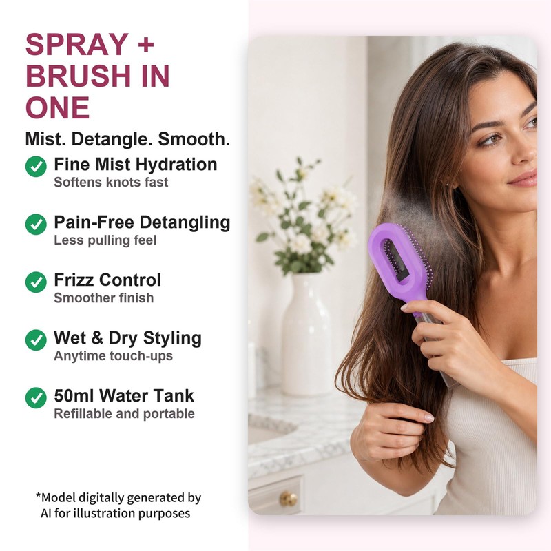 Hair Brush with Water Spray, 2-in-1 Misting Detangler for Curly