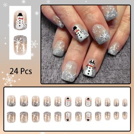 24 Pcs Christmas Press on Nails Short Square Winter Snowman Fake Nails with Glitter Designs Snowflake False Nails Full Cover Stick on Nails Xmas Artificial Nails for Women Girl Nail Decoration