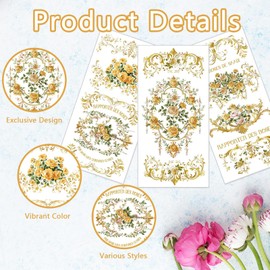 PLIGREAT 3 Sheets Gold Pattern Rub on Transfer for Crafts Vintage Rose Rub on Transfer Decals Gorgeous Furniture Stickers for DIY Wood Drawer Cabinet Table Decoration Old Furniture Renovation Decor