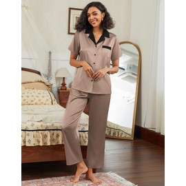 Ekouaer Satin Pajamas Set for Women Silk Button Down Sleepwear Short Sleeve Loungewear 2 Pieces Nightwear Brown