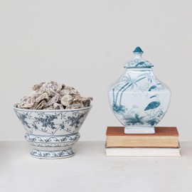 Creative Co-Op Round Blossom Porcelain Bowl, Blue and White