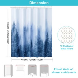 ORTIGIA 84 Inch Long Blue Misty Forest Shower Curtain for Bathroom, Nature Woodland Shower Curtain Set with Hooks, Decorative Pine Tree Fog Magic Bath Curtain, Waterproof Fabric, Weighted, 72x84