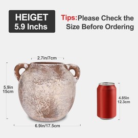 17.5cm Rustic Ceramic Vase with 2 Handles, Farmhouse Vase for Home Decoration, Terracotta Decorative Vase and Vintage Vase, Brown Vase, Suitable for Home Decor, Living Room, Shelf Decoration,