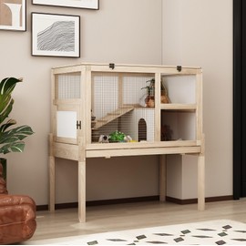 DAWNSPACES Large Guinea Pig Cage for 2, Small Animals Rabbit Cages, 2 Stories Indoor Wooden Guinea Pig House Habitat Playpen with Ramp, Hideout, Platform, Pull Out Tray, Burlywood & White