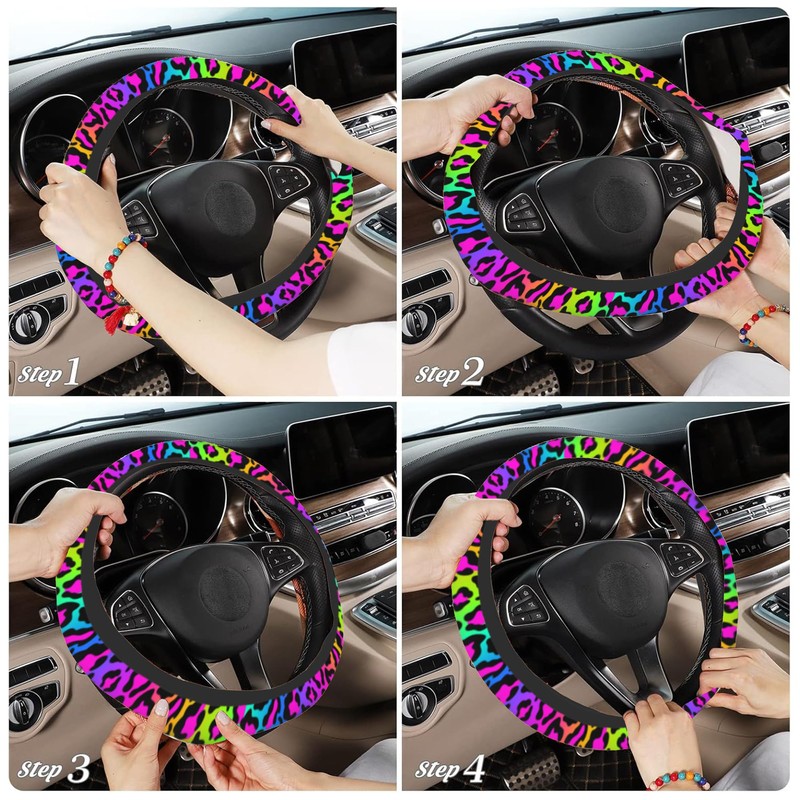 Rainbow Leopard Steering Wheel Cover,Cheetah Spots Elastic Non-Slip Steering Wheel