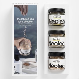 Neolea Greek Sea Salt Flakes Gift Set – 100g of Each of Three Varieties: Pure, Smoked, and Mediterranean Herb – Flaky Finishing Salt Made from Fleur de Sel for Cooking, Baking, Topping, Meats & More