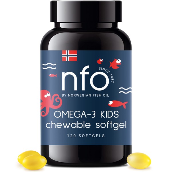 NFO Omega-3 Kids Natural Tutti Frutti Flavored Chewable softgels [120 Capsules] Norwegian Fish Oil High in EPA & DHA in Triglyceride Form Plus Vitamins D3 & E Complex for Children 4+ Years & Older
