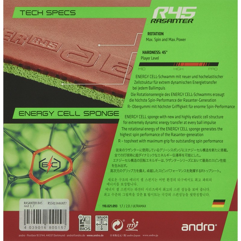 andro 110021093 Table Tennis Rubber Razantar R45 Soft Back UM