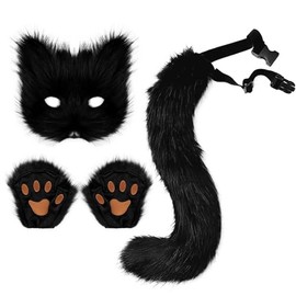 Admireme Therian Faux Fur Fox Tail Paws and Mask Set Cosplay Furry Masquerade Mask Cat Wolf Costume Tail Set