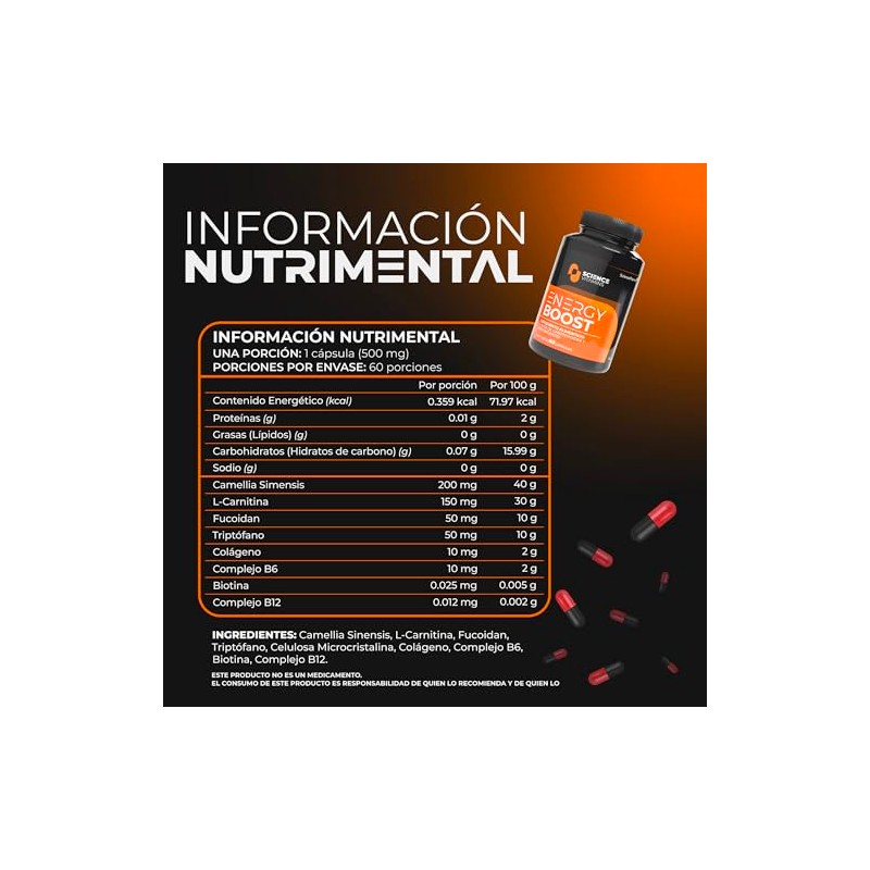 Energy Boost | Camellia sinensis, L-Carnitina, Fucoidan, Triptófano, Colágeno +