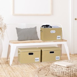 LHZK Large Storage Bins with Lids 6 Pack, Foldable Linen Fabric Storage Boxes with Lids, Sturdy Fabric Storage Bins with Label & 3 Handles for Shelves Bedroom Home Office (Beige, Large)